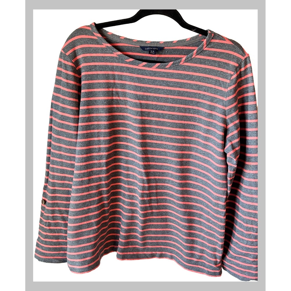Lands End Womens 14-16 Top Grey Coral Pink Striped Roll Tab Long Sleeve Shirt